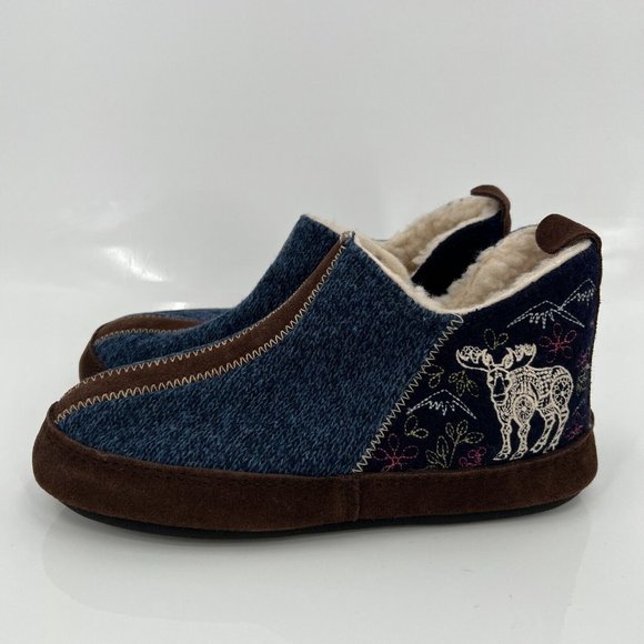 Acorn Shoes - Acorn Women's Forest Wool Bootie Slippers Navy Blue Embroidered Moose Knit S/5-6